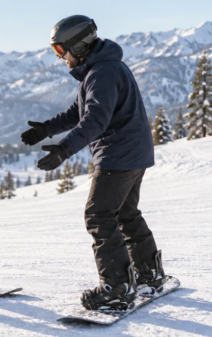 Snowboarder in a navy jacket and helmet on a groomed slope gesturing with both hands, as a snowboard instructor might while teaching
