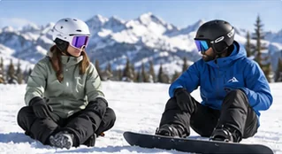 Two snowboarders sitting in the snow chatting between beginner practice runs