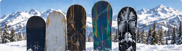 Row of snowboards of different lengths standing upright in the snow