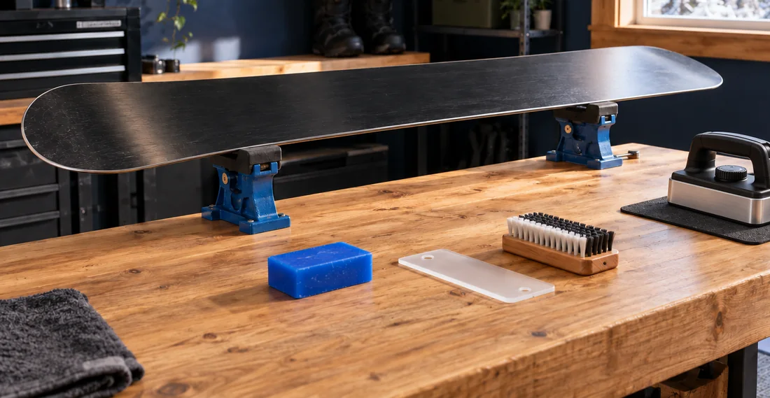 Snowboard base-up in blue vises on a wooden workbench with a towel, wax block, scraper, brush and iron, set up to clean a snowboard