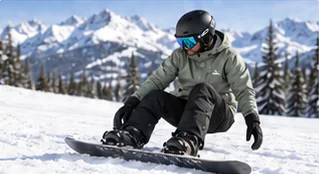 Beginner snowboarder sitting on the snow, learning how to fall and get up on a snowboard