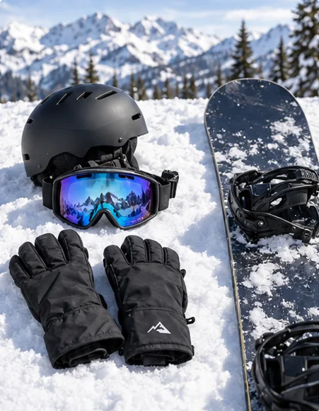 Helmet, goggles, gloves and a snowboard in fresh snow, packed for a first snowboarding day