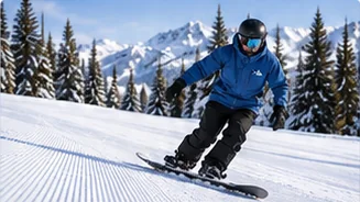 Snowboarder in a blue jacket turning on a groomed run, showing how to turn on a snowboard