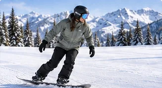 Snowboarder in a gray jacket and blue-lens goggles riding a groomed slope, the kind of gentle terrain used to learn how to ollie on a snowboard