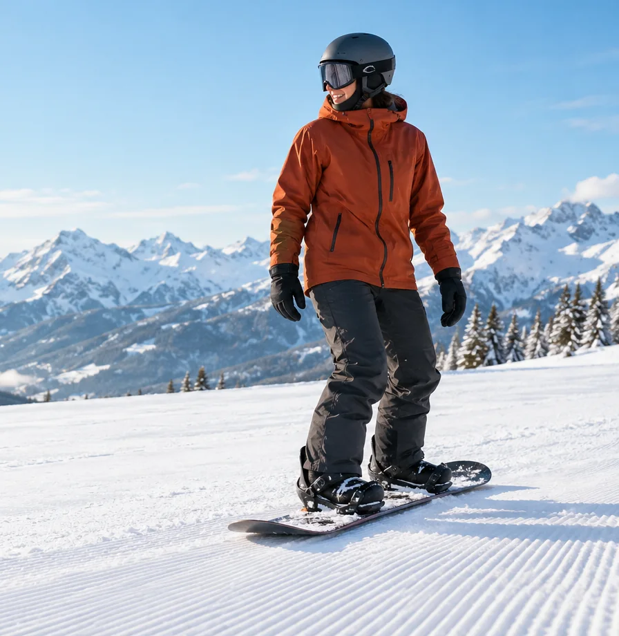 Beginner snowboarder with one foot strapped in, learning to skate and glide on a snowboard