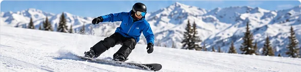 Snowboarder in a blue jacket and black helmet riding a groomed run in front of snowy peaks, illustrating a guide to the snowboard 360