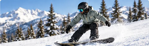 Snowboarder in a gray jacket and blue goggles riding across a groomed slope, illustrating a guide to snowboard boxes and rails