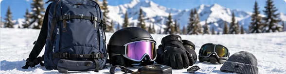 Backpack, helmet, goggles and gloves laid out on snow before a first snowboard day