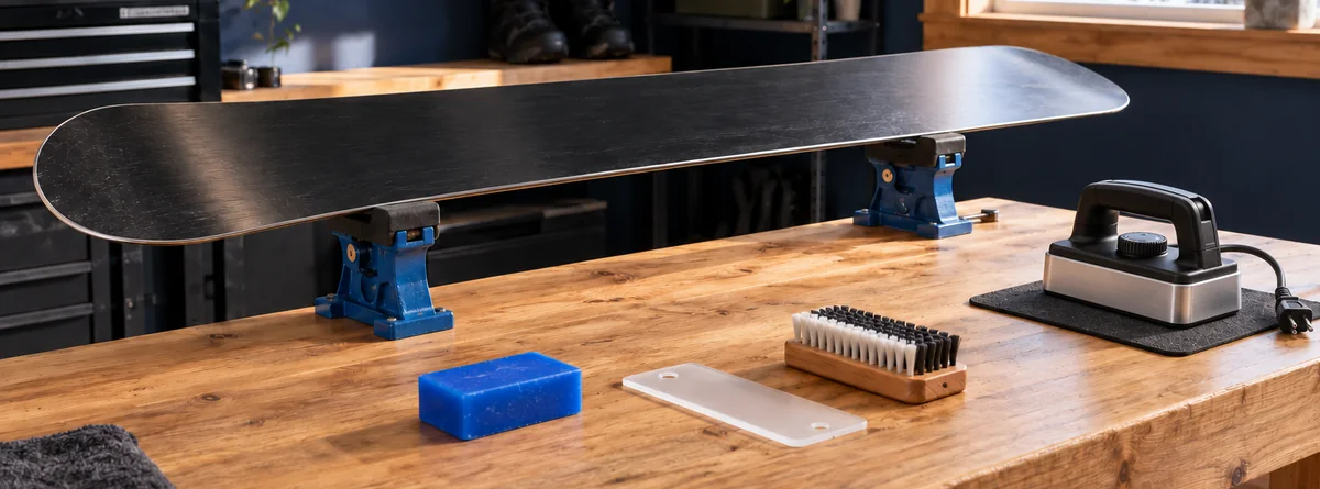 Snowboard clamped in vises on a workbench for snowboard maintenance and tuning