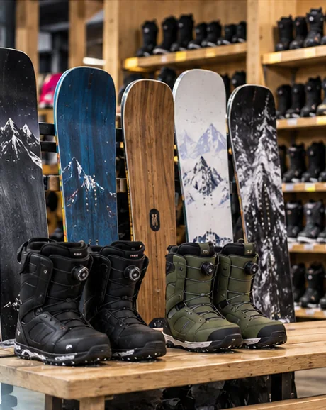 Snowboards and pairs of snowboard boots on a rental shop bench, the gear that makes up snowboard rental costs