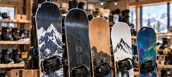 Snowboards displayed on a shop rack for comparing before buying