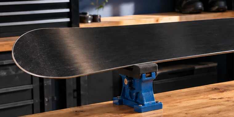 Snowboard on a workbench, ready to be checked for topsheet chips and edge damage