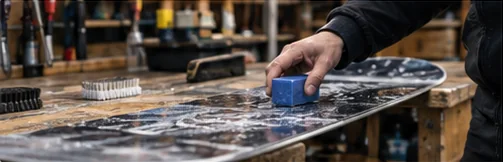 Hand rubbing a blue wax block on a snowboard base on a workbench