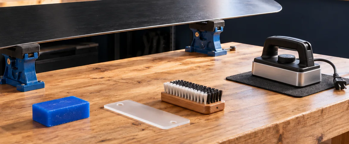 Snowboard clamped in blue vises above a workbench with a blue wax block, plastic scraper, brush and waxing iron
