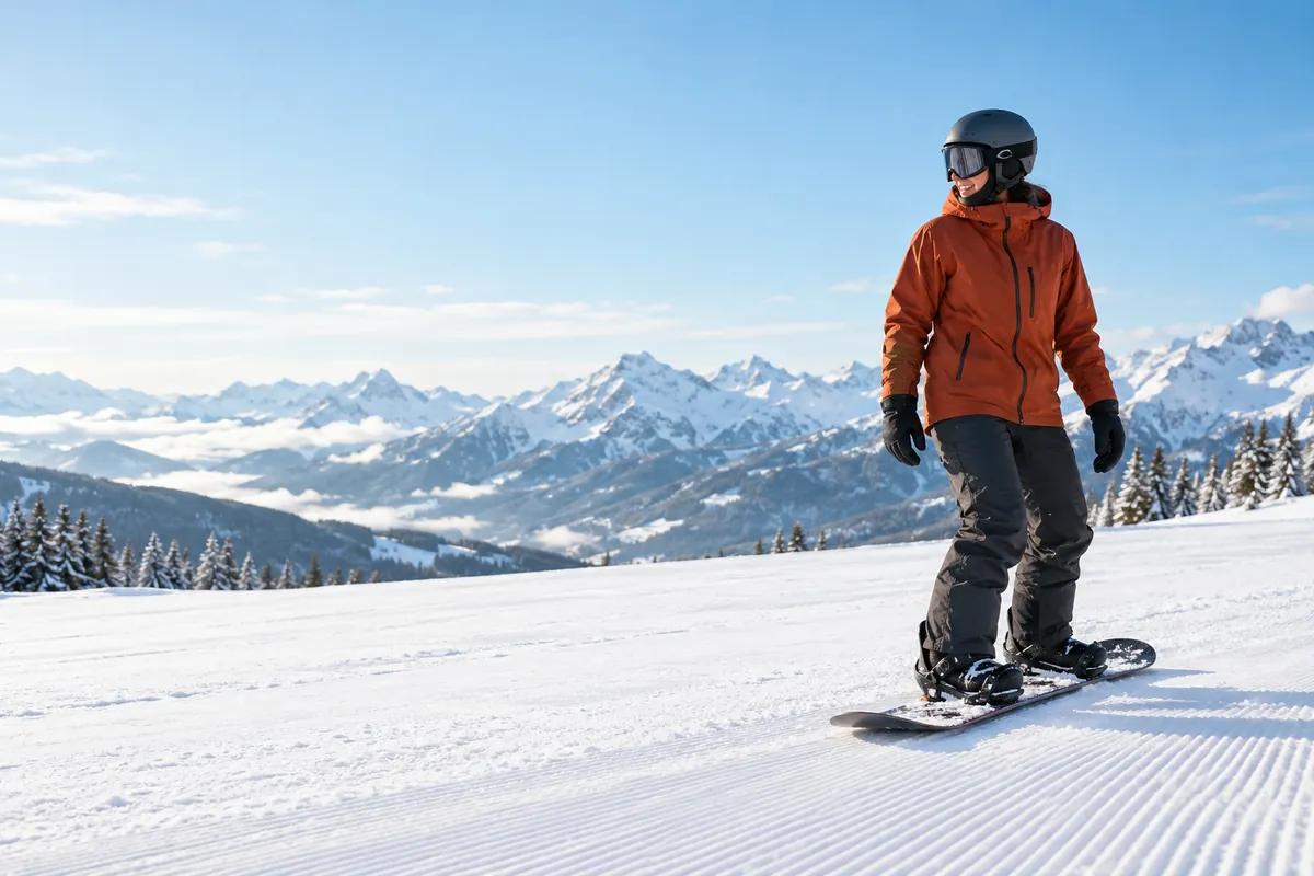 Snowboarder standing on a groomed run above a valley of snowy mountains