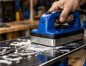 Waxing iron spreading hot wax on a snowboard base