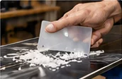Plastic scraper removing excess wax from a snowboard
